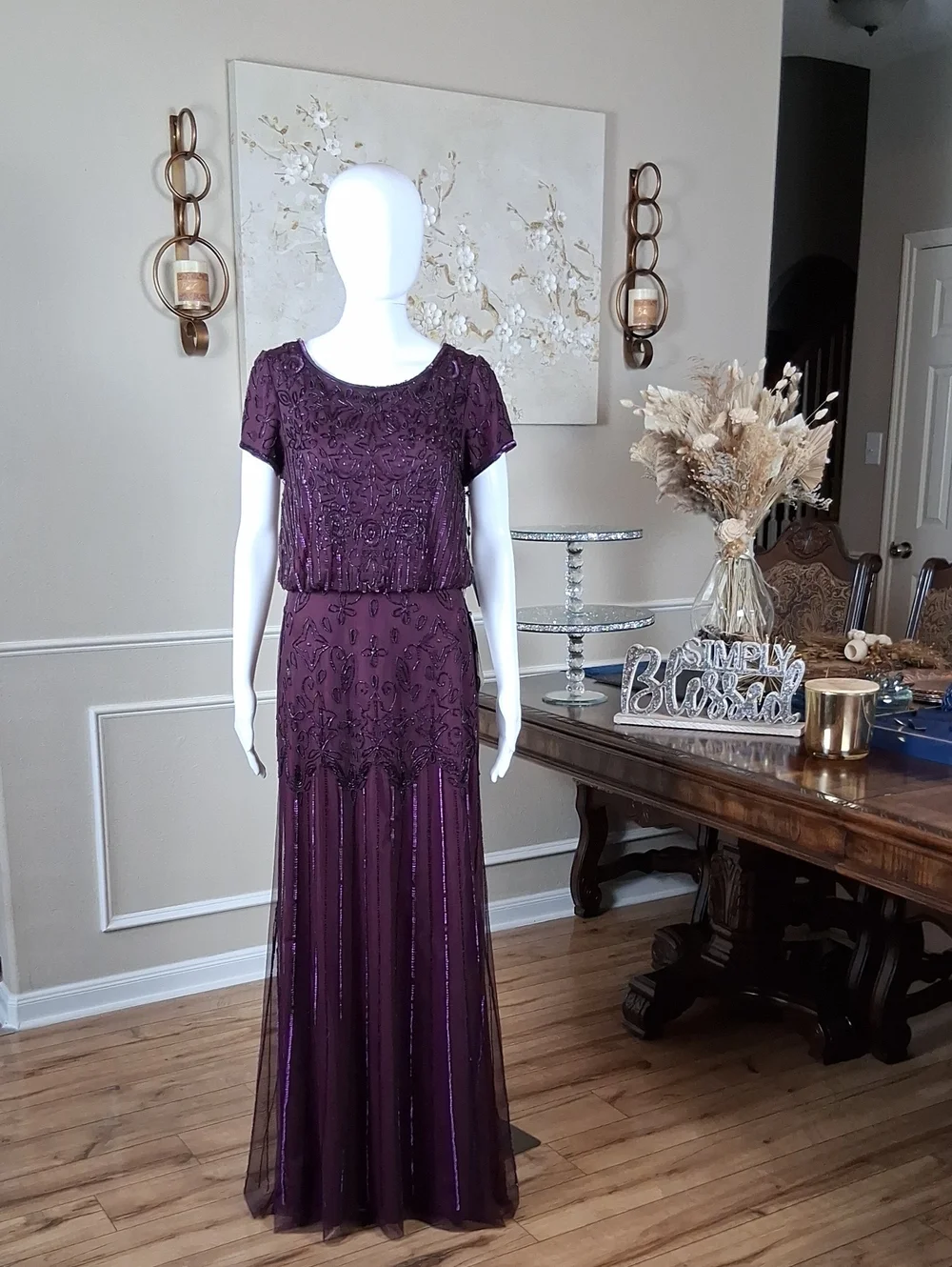 New Adrianna Papell Evening Beaded Dress Plum Floor-Length Short Sleeves Small - Picture 5 of 16